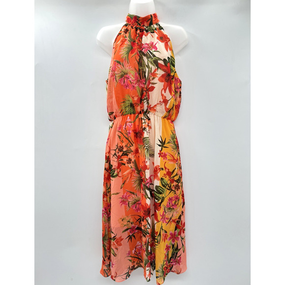 Maggy London Tropical Floral Halter Midi Dress Sz 6 Multicolor Hawaiian Wedding - Picture 2 of 12